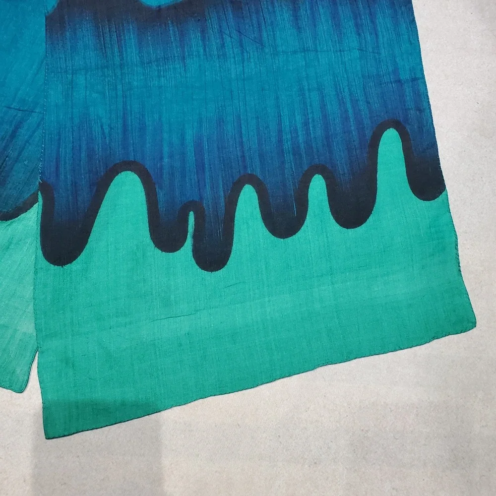 Hand Woven‎ Pure Silk Scarf Teal Blue Green Abstract Drip Design India
